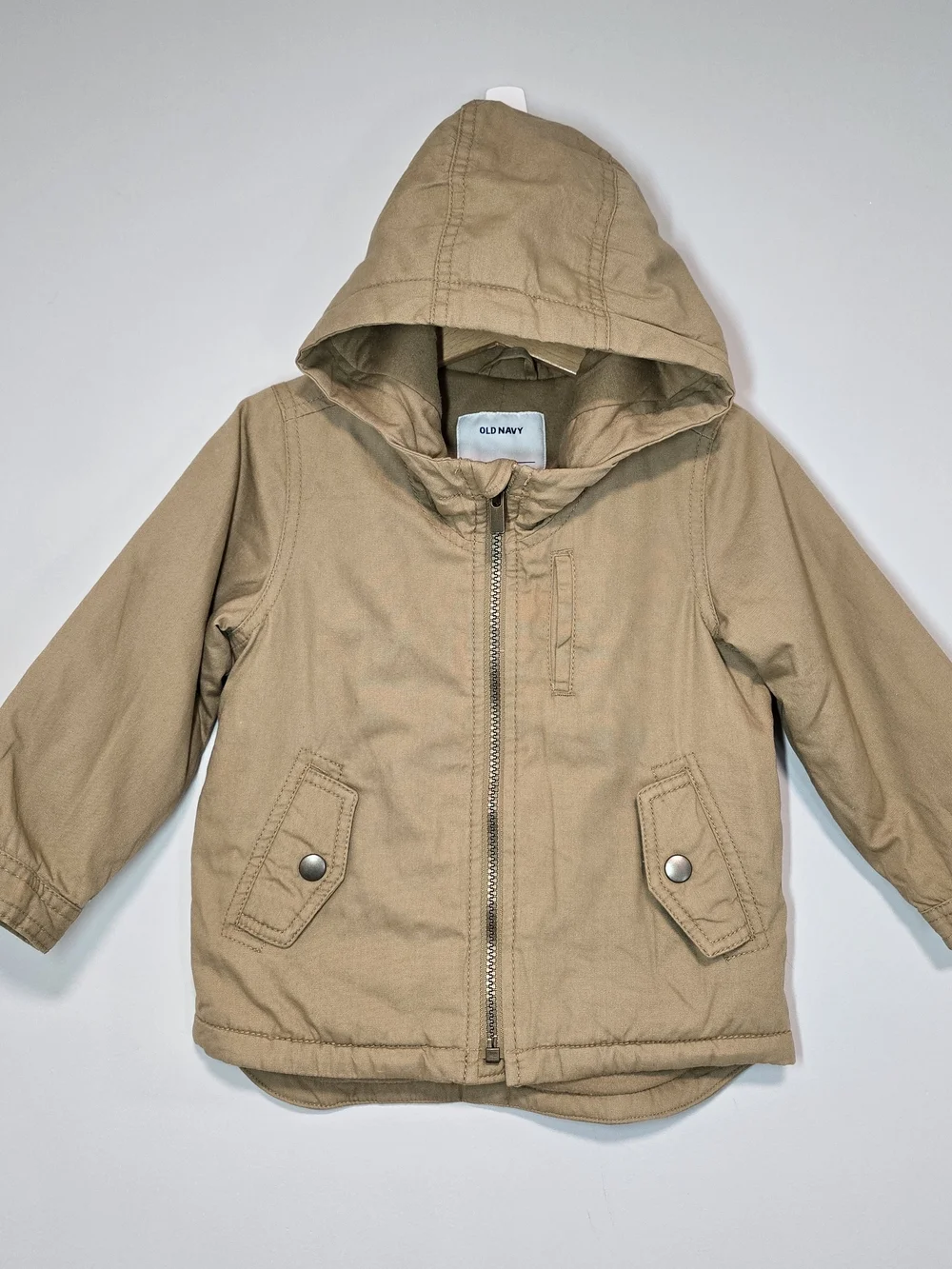 Old Navy Kids' Hooded Jacket in Khaki, Lightweight Warm Fall Style.